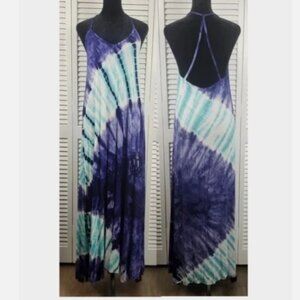 American Twist Blue Tie Dye Maxi Sun Dress M Spaghetti Strap Open Back Raw Hem